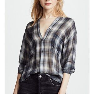 Vince Women’s Georgette Shadow Silk Sheer Plaid Button Front Blouse Top Size M